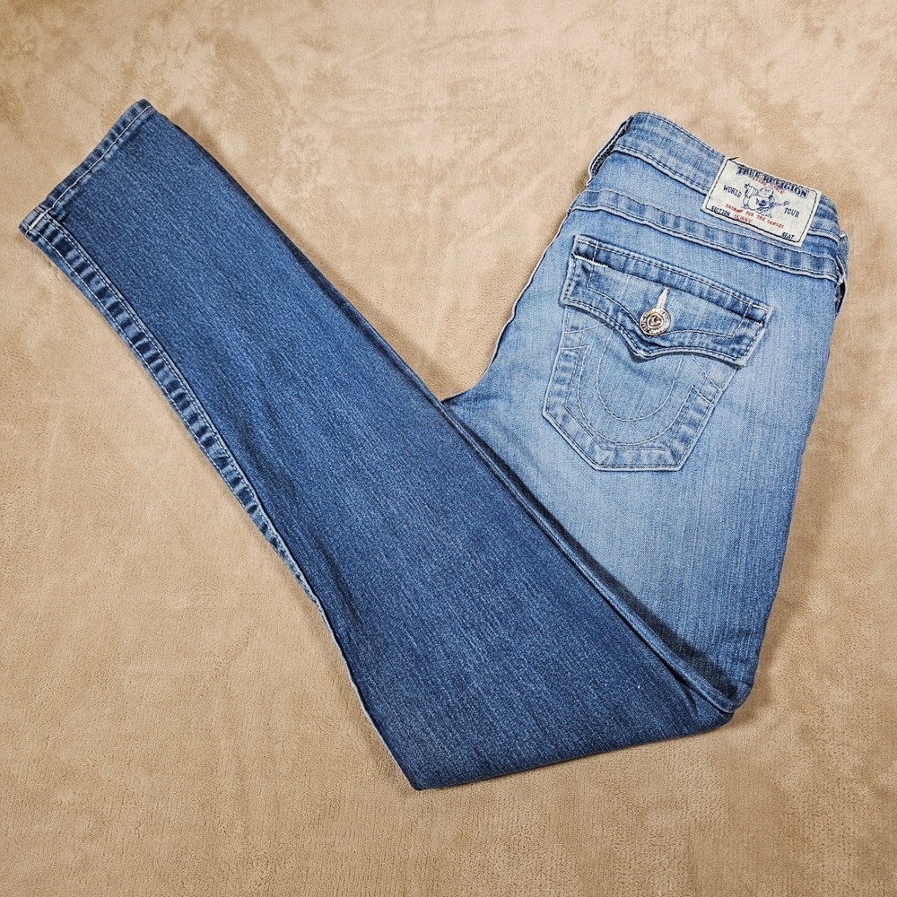 True Religion Skinny W/ Flaps Jeans Womens 28 Blue Denim W2G599STSM